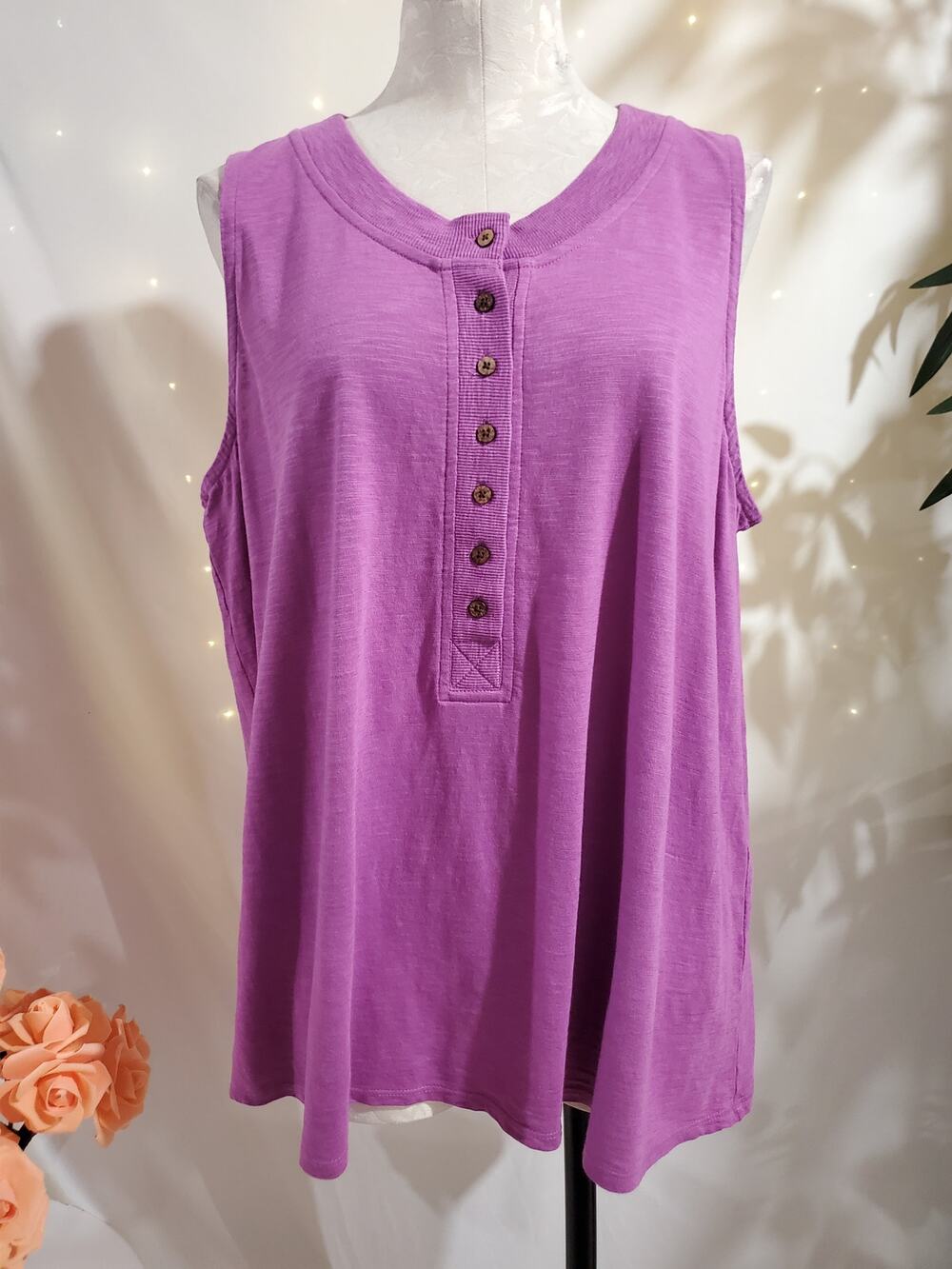 J Jill Womens Rib Trim Henley Tank Top Size XL Pink Soft Cotton Tencel Modal